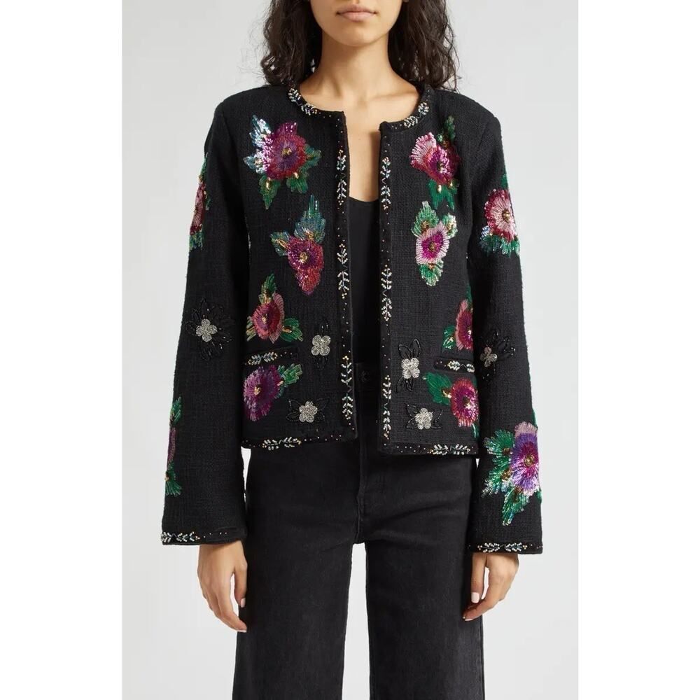 Sea NY Bethany Black Sequin Floral Embroidered Cotton Jacket Hook Closure